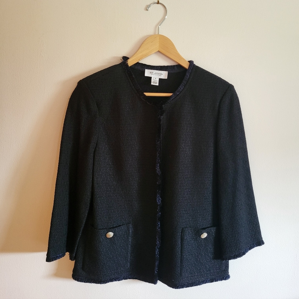 St. John Collection Boucle Wool Blend Fringe-Trim Blazer Black Navy Size 10